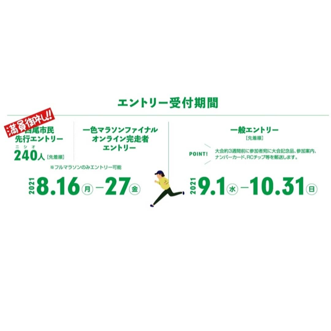 240_marathon's tweet photo. にしおマラソン2022西尾市民先行エントリーは、好評につき申込を締め切りました！😳✨たくさんのお申し込みをありがとうございました！💫また、一色マラソンファイナルオンライン完走者エントリーは、８月２７日金曜日で終了💡該当の方はお忘れなく！🏃🏻‍♀️💨
#愛知県
#西尾市
#にしおマラソン2022 https://t.co/5wprF2L3e0