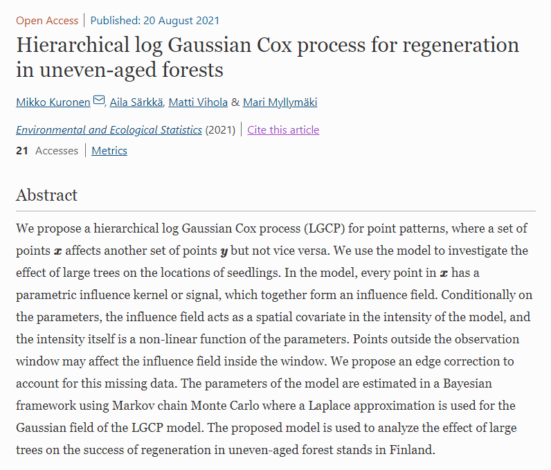 New #LukeResearch on modeling regeneration in uneven-aged forests by M. Kuronen in collaboration with A. Särkkä @StatsChalmersGU, @MattiVihola @uniofjyvaskyla and me just published in Environmental and Ecological Statistics with #openaccess: doi.org/10.1007/s10651…