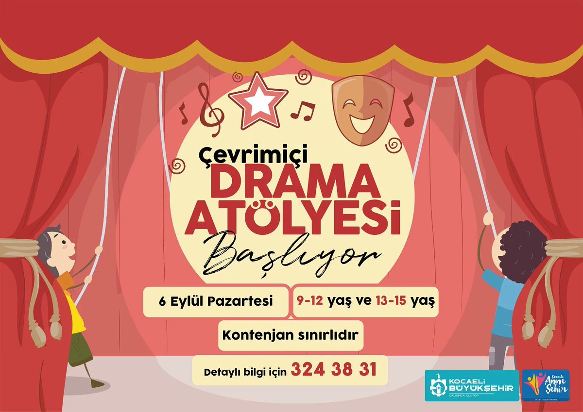 Kocaeli Büyükşehir Belediyesi Anne Şehir projesi kapsamında çevrimiçi Drama atölyesi başlıyor.
0 262 324 38 31 nolu telefonu arayarak kayıt yaptırabilirsiniz.

<a href="/kocaelibld/">Kocaeli Büyükşehir</a>
#SağlıkveSosyalHizmetler
#KadınveAileHizmetleri
#Anneşehir
#MutluşehirMutluçocuk