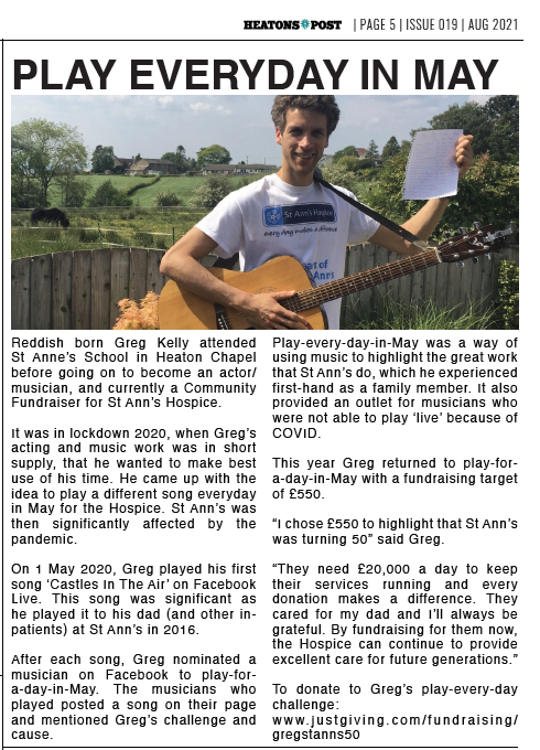 It was great to make it into @HeatonsPost this month,  writing an article about my 'play everyday in May' challenge for <a href="/StAnnsHospice/">St Ann's Hospice</a> | who are celebrating their #50th #BIRTHDAY this year 🥳