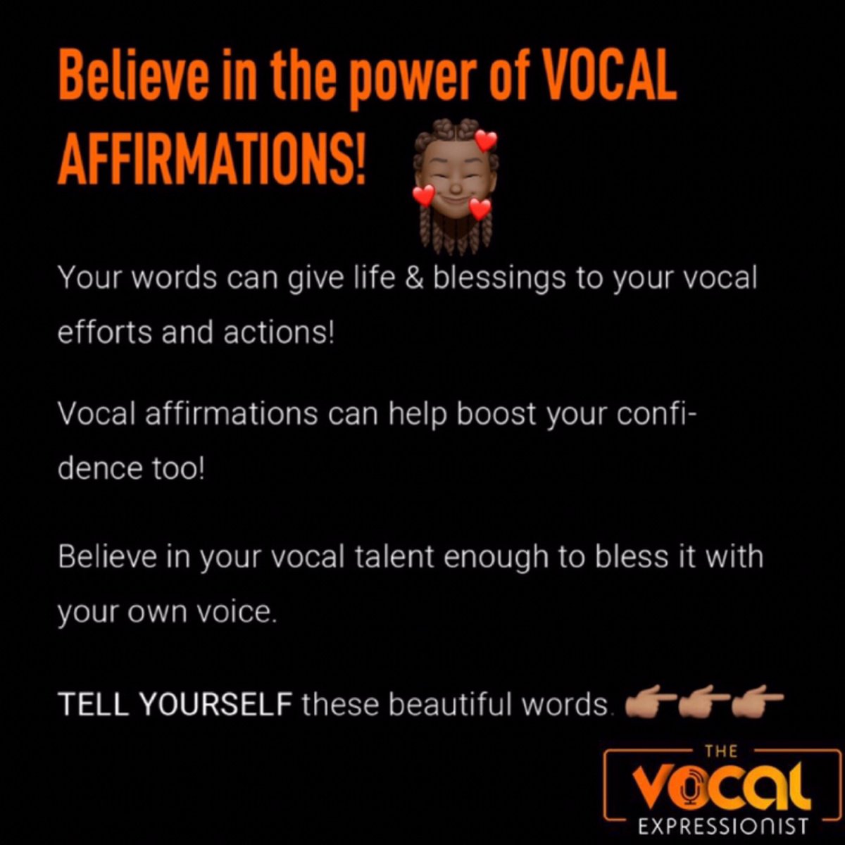 tve_life's tweet photo. Affirm that your voice is all of these and more!

🗣✨✨👇🏽👇🏽👇🏽

#thevocalexpressionist #voiceovers #VOTips #VOT #ContentCreator #Affirmations #VoFocus #VOLife #Newweek #LearningNeverEnds #VOBiz #VOCoach #VOpassion #VoiceTalent #VoiceActing #AfricanVOTalent #BookTVE #VocalArt #VO https://t.co/vvViQJzKvM