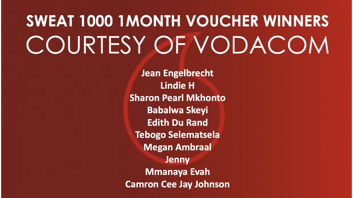 TheInsiderSA's tweet photo. CONGRATULATIONS to last week's #SWEAT1000 1 month vouchers courtesy of @Vodacom!
Tune in to #TheInsiderSA today at 5:30PM and to stand a chance to WIN big with #VodacomRED. https://t.co/4OHXMOzyWZ