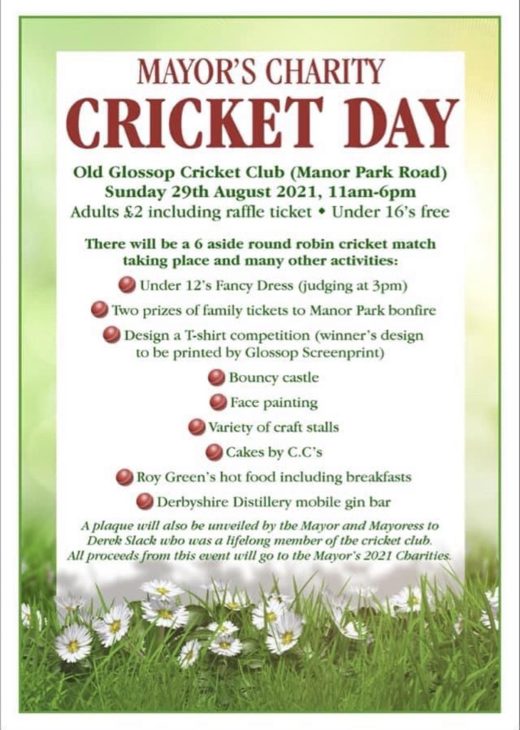 OldGlossopCC's tweet image. Charity Cricket Day Sunday 29th August 11am - 6pm Sponsored by @glossopcaravans 
Admission £2 Adults U16s Free
6 a side matches, Under 12s fancy dress competition
Bouncy Castle, Face Painting, Tombola, Raffle, design a t-shirt competition, Craft stalls, BBQ, Bar plus much more