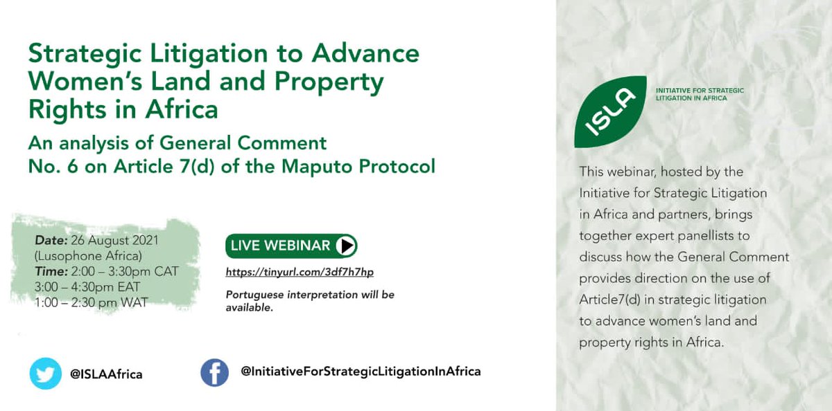 FIDA_Uganda's tweet photo. #FIDAUganda Join a live Webinar on: Strategic Litigation to Advance #WomensLandRights in Africa #Thanks2 @ISLAfrica #GenderEquality @SBaluka https://t.co/tKQh3ufSqT
