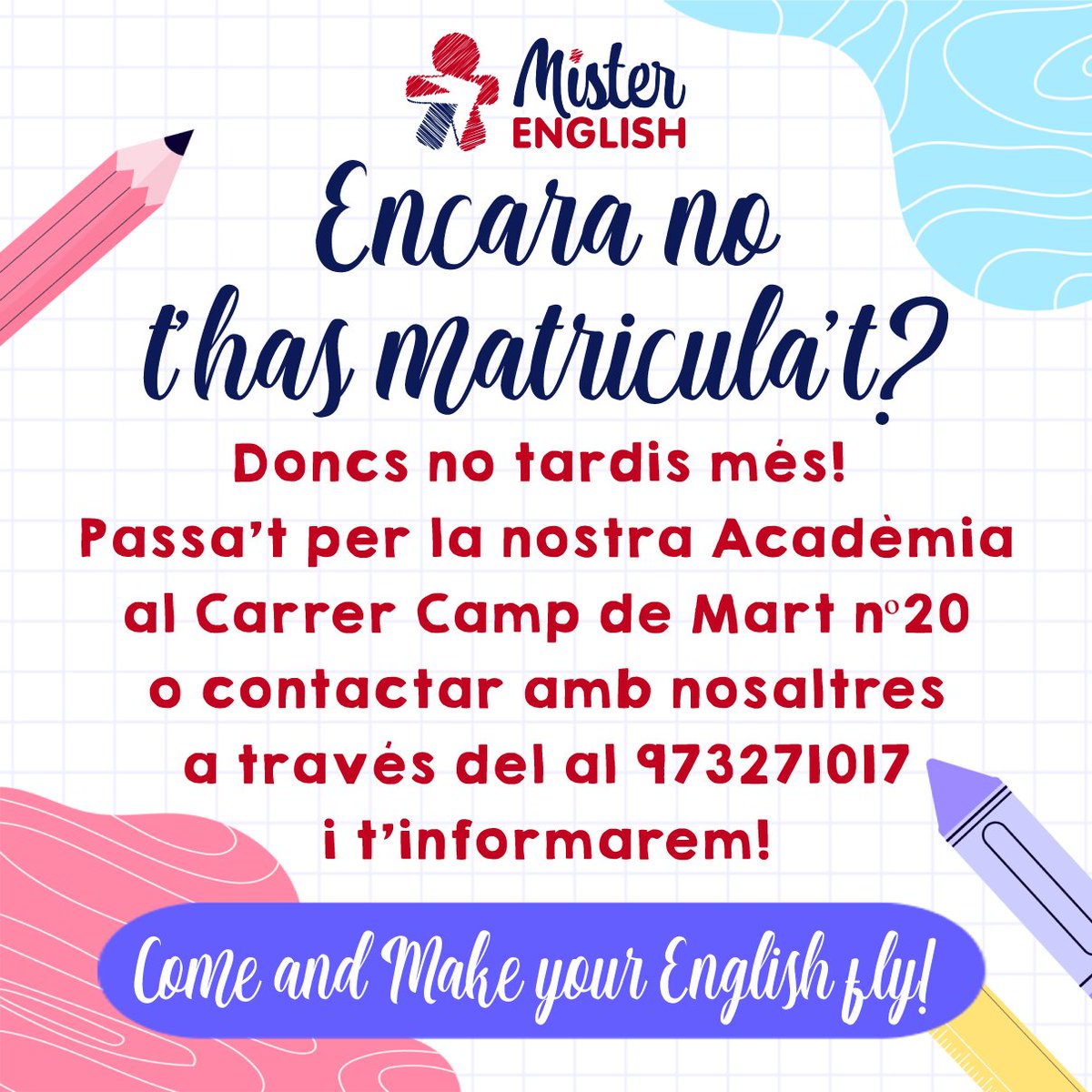 MrEnglishLleida's tweet photo. Setembre s'apropa 📆 i amb ell l'inici del curs a l'Acadèmia de Mister English 🇬🇧, però no us preocupeu que encara sou a temps d'apuntar-vos 👍! Si us voleu informar sobre els nostres cursos o teniu qualsevol dubte, podeu passar per Camp de Mart nº20 o trucar-nos al 973271017. https://t.co/UchNEeLdE6