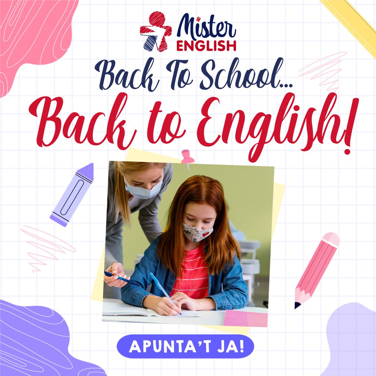 MrEnglishLleida's tweet photo. Setembre s'apropa 📆 i amb ell l'inici del curs a l'Acadèmia de Mister English 🇬🇧, però no us preocupeu que encara sou a temps d'apuntar-vos 👍! Si us voleu informar sobre els nostres cursos o teniu qualsevol dubte, podeu passar per Camp de Mart nº20 o trucar-nos al 973271017. https://t.co/UchNEeLdE6