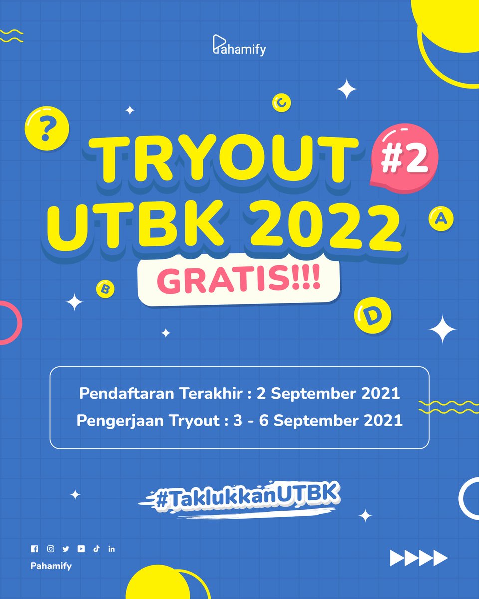 pahamify's tweet image. ✨ PENDAFTARAN TRYOUT UTBK 2022 #2 GRATIS DIBUKA! ✨

Spesial buat Pahamifren yang pada gak sabar buat persiapan UTBK bareng mipi 😎

📆 Pendaftaran Terakhir 2 September 2021
📝 Pengerjaan TO #2  3-6 September 2021
📝 Pengerjaan TO Terakhir 6 September 2021 Pukul 13:00 WIB