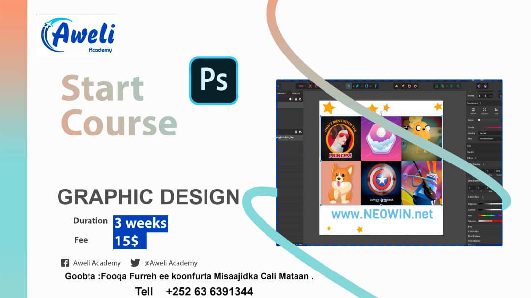 AweliAcademy's tweet photo. Ku baro graphic design bil wax ka yar, waa farsamo aad ku abuuraan kartiid ganacsii sidoo kale aad kula shaqeyn kartiid companies ka waa weyn 
Registration is now open

Graphic design

ONLY 3 WEEKS 

 *Fee 15$
 *Registration 5$

contact : 063-6391344 ama nagu so boqo xaruunta. https://t.co/0QZtgx7I3V