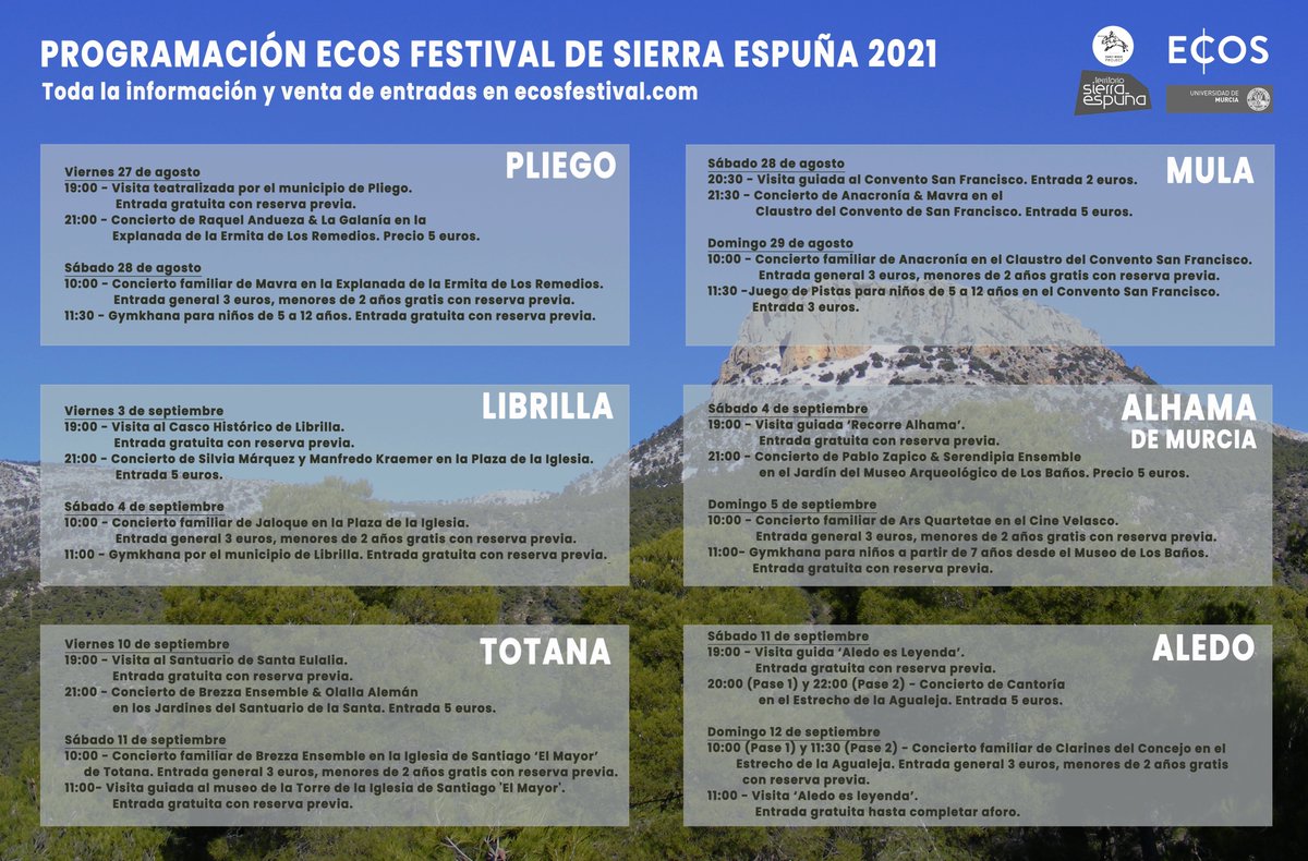 ecos_festival's tweet photo. 🌿 PROGRAMACIÓN #ECOS2021
➡️ Conoce todas las #actividadesparalelas. Además, con la compra de la entrada podrás disfrutar de #packsturísticos con cenas, alojamientos, etc.
➡️ Entradas a la venta aquí: https://t.co/do7JwclSbB https://t.co/5Tn8ATO4dw