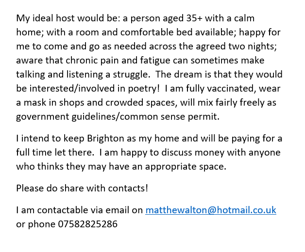 MattAltonPoet's tweet photo. Poet with chronic illness seeks accommodation two nights/week near Goldsmiths.  Please share. https://t.co/XOhkwTxeED