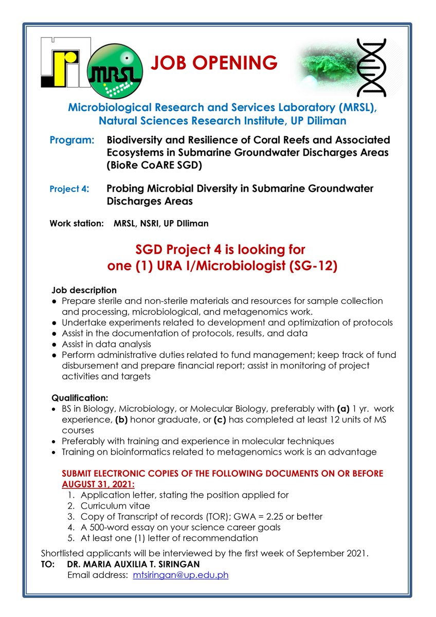 PAULycistronic's tweet image. MRSL-NSRI is looking for a URA I (SG-12) to work on the metagenomics of Submarine Groundwater Discharges Areas!

Applications open until August 31. Please RT! Thank you. #sciencechatph #PinoyScientist #SciencePH