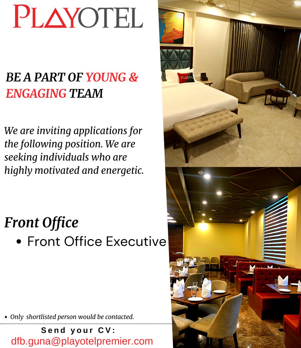 playotelhotels's tweet photo. “We’re Hiring”
Be a part of young and engaging team.
Resumes are invited at- dfb.guna@playotelpremier.com

#careers #playotel #play #job #indorelocation #gunajobs #jobsinhotels #jobsearch #jobseekers #guna https://t.co/fKhBXhKtPK