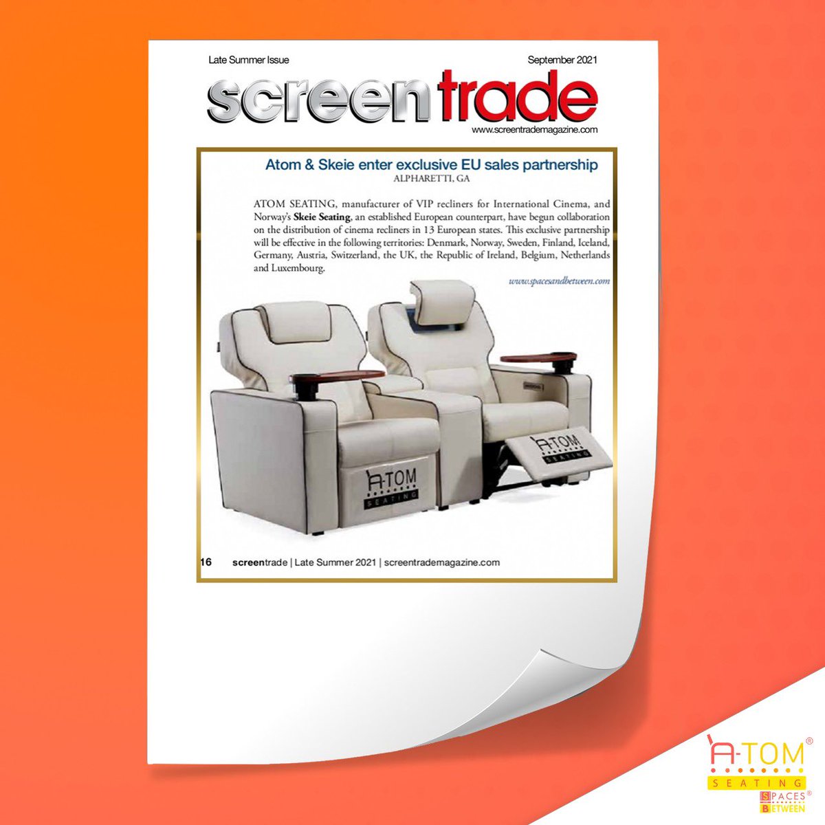 AtomSeating's tweet photo. Check out the late summer 2021 edition of @ScreentradeBiz for more insights about our latest collaboration with #SkeieSeating.

#Europe #InclineToRecline #Denmark #Norway #Sweden #Finland #Iceland #Germany #Austria #Switzerland #UK #RepublicOfIreland #Belgium #Netherlands https://t.co/BFKfFc2iB3