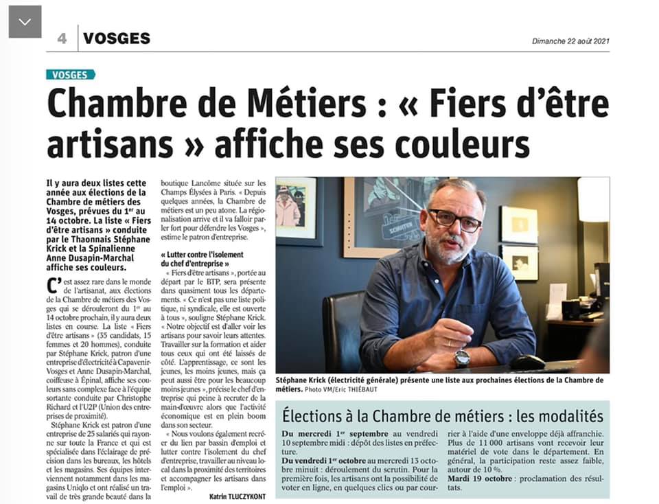 Première prise de parole dans les médias de Fiers d’être Artisans Vosges par sa tête de liste Stephane Krick.
Début d’une campagne d’information et de conviction auprès des artisans qui s’annonce passionnante !
Merci à Vosges Matin.
<a href="/FiersArtisans/">Fiers d’Être Artisans</a>  #cma #vosges #artisans