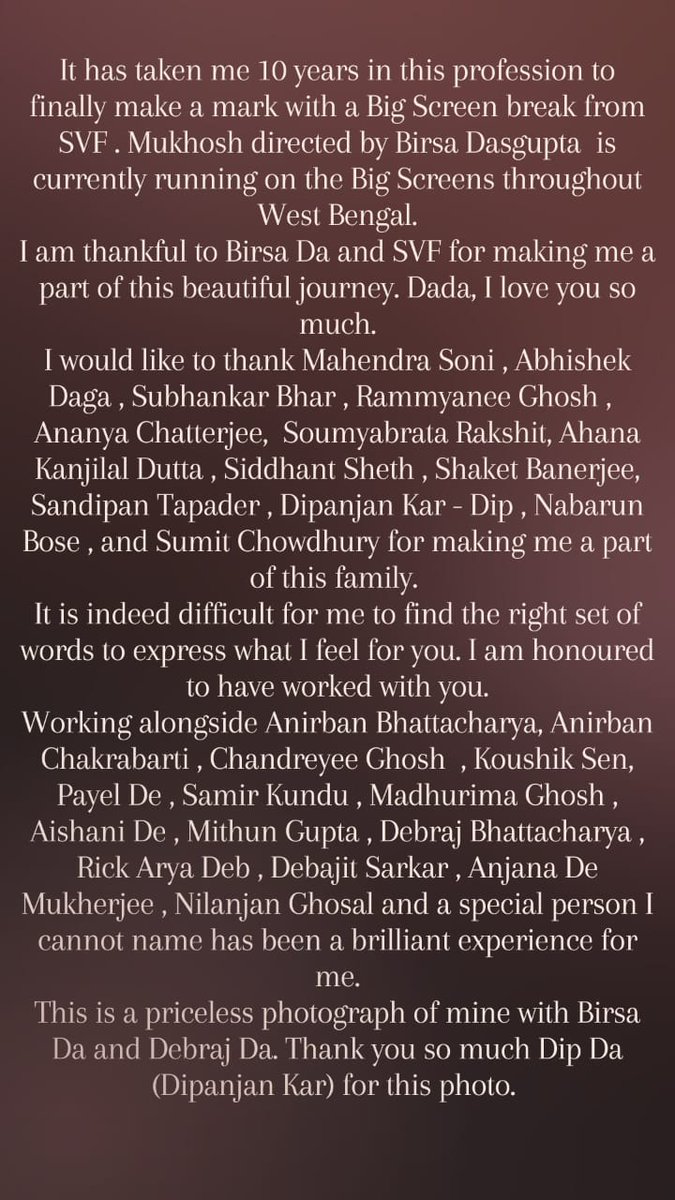 I am thankful to @BirsaDasgupta da and @SVFsocial for making me a part of this beautiful journey of #Mukhosh 
@iammony @abhishekdagaa @AhanaSVF @subhankarbhar @Anirban_C_ @rammyanee1 @sheth_siddhant @nabarunbose @AnirbanSpeaketh #SVF #RoaringReleases