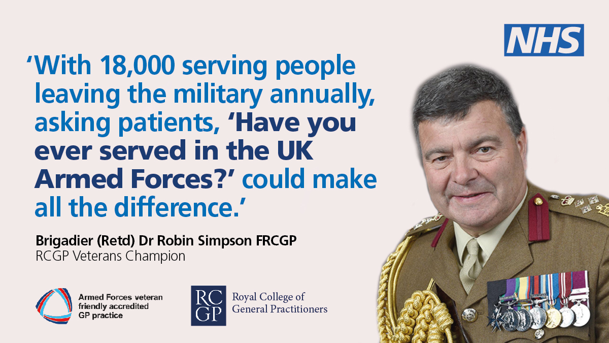 Veteran Friendly GP accredited practices, are supporting veterans and their families by having a better understanding and awareness of veterans needs. Sign up details: rcgp.org.uk/veterans
@PrimaryCareNHS
  #RCGP #VeteranFriendly