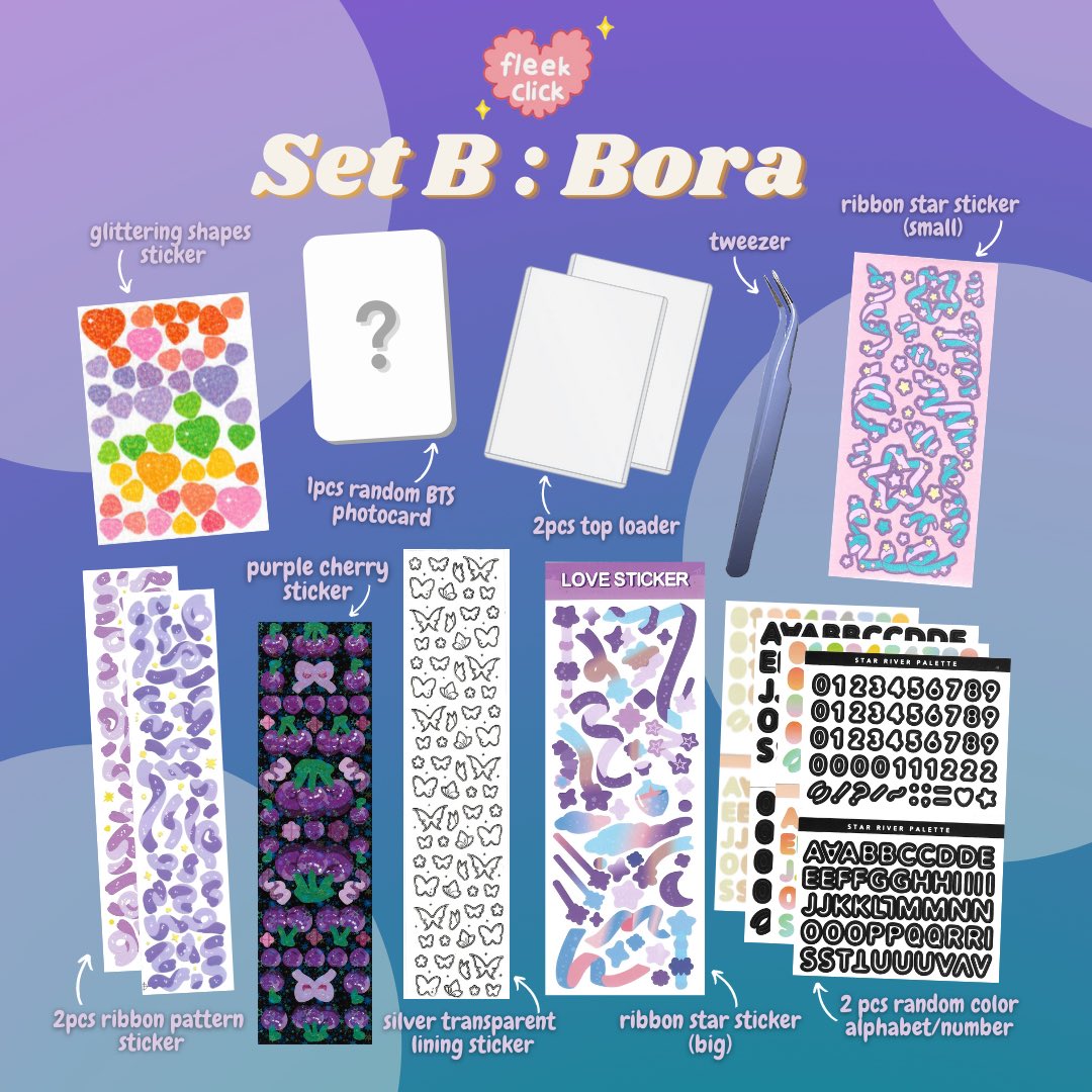 fleekclick's tweet photo. Hi Clickers 👋🏻
We are finally open for orders! Here we feature Set B - Bora which mostly consist of purple and pink hue themed stickers. 
#diyphotocardkit

Details: Set B - Bora 
Price: RM18 /set

DM to get your Order Form! https://t.co/xT6qrhVBK1