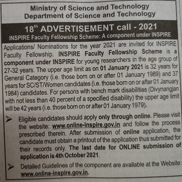 IndiaDST's tweet photo. 📢#PhD #Students in #Science, #Engineering or #Medicine &amp; in the age group 27-32 years hurry up!

@IndiaDST invites #Applications by 04 Oct 2021 for INSPIRE Faculty #Fellowship from bright &amp; dedicated #youngsters.

@DrJitendraSingh @Ashutos61 
Details: https://t.co/TGaiurnb38 https://t.co/B8TwGgngrw