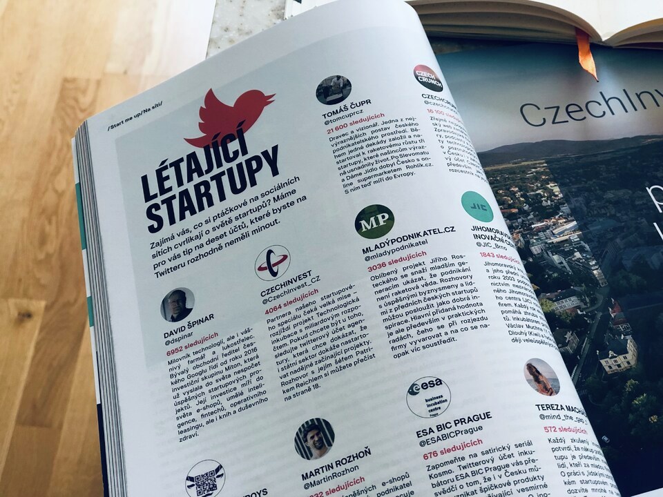 CzechInvest_CZ (@czechinvest_cz) on Twitter photo Tyhle účty stojí za to sledovat! Díky nim vám neuniknou žádné startupové novinky! 👇
<a href="/tomcuprcz/">Tomas Cupr</a> <a href="/czechcrunch/">CzechCrunch</a> <a href="/dspinar/">David Špinar</a> @mladypodnikatel <a href="/JIC_Brno/">JIC - business with a purpose</a> <a href="/FintechCowboys/">FintechCowboys</a> <a href="/MartinRozhon/">Martin Rozhoň</a> <a href="/ESABICcz/">ESA BIC Czech Republic</a> <a href="/mind_the_gap_t/">Tereza Machackova</a>
Více v příloze Start Me Up v aktuálním <a href="/FINMAG_cz/">FINMAG</a>, které jsme partnery💥 Tyhle účty stojí za to sledovat! Díky nim vám neuniknou žádné startupové novinky! 👇
<a href="/tomcuprcz/">Tomas Cupr</a> <a href="/czechcrunch/">CzechCrunch</a> <a href="/dspinar/">David Špinar</a> @mladypodnikatel <a href="/JIC_Brno/">JIC - business with a purpose</a> <a href="/FintechCowboys/">FintechCowboys</a> <a href="/MartinRozhon/">Martin Rozhoň</a> <a href="/ESABICcz/">ESA BIC Czech Republic</a> <a href="/mind_the_gap_t/">Tereza Machackova</a>
Více v příloze Start Me Up v aktuálním <a href="/FINMAG_cz/">FINMAG</a>, které jsme partnery💥