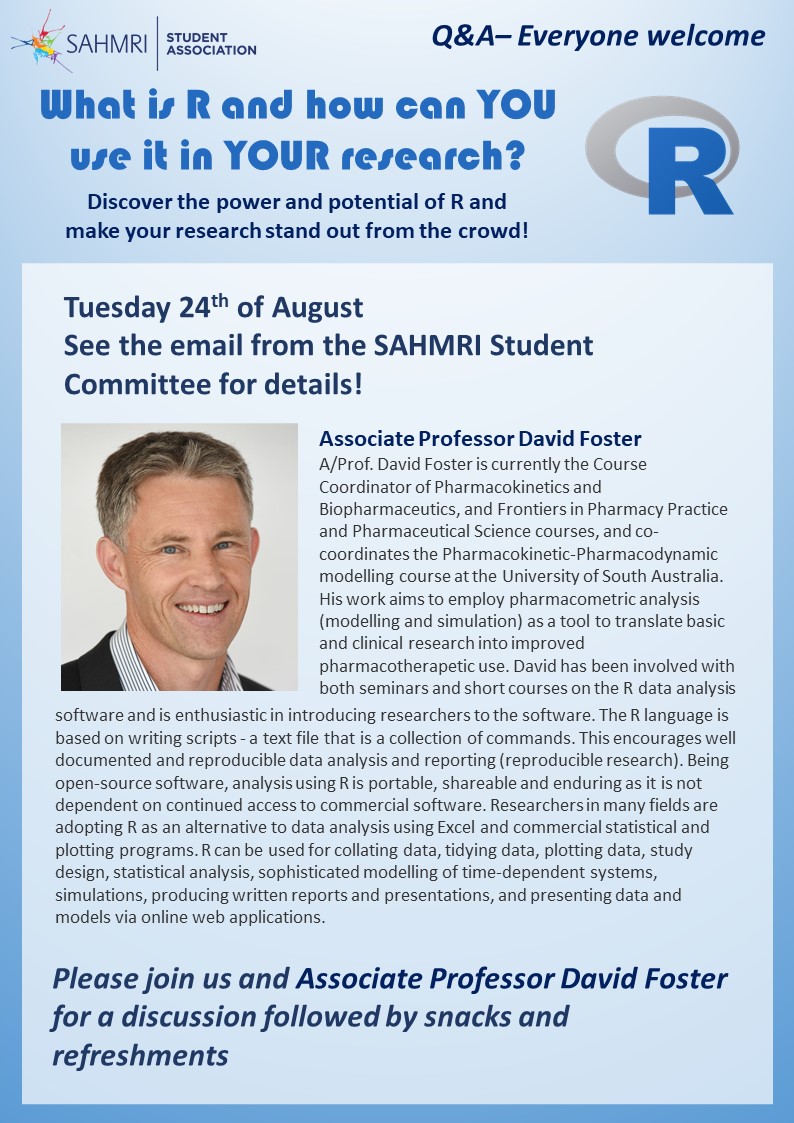 Do you want an introduction to the R programming language? Come join us TOMORROW for our Q&amp;A session with A/Prof. David Foster! 💻 Discover the power and potential of R and how you can use it to make your research stand out from the crowd 🖥️ See your SAHMRI email for details!!