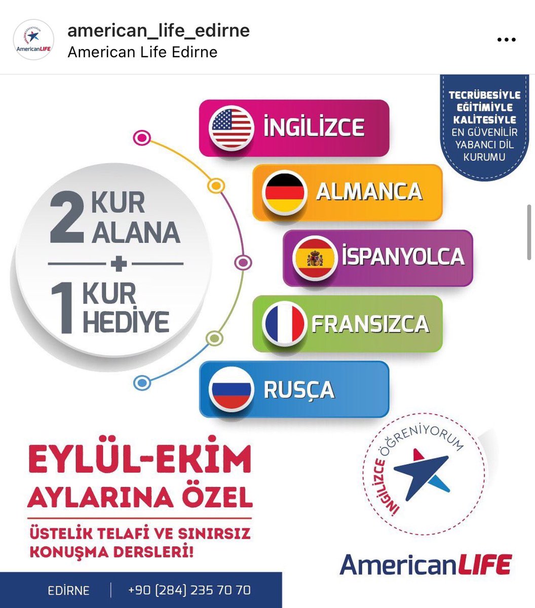2 Kur Alana 1 Hediye!

Ağustos ayı erken kayıtta %10 ek indirimden yararlanın 
Eğitim Eylül-Ekim de başlayın

Konuşma dersleri Sınırsız ve Ücretsiz!

0284 235 70 70 veya 0534 469 70 70