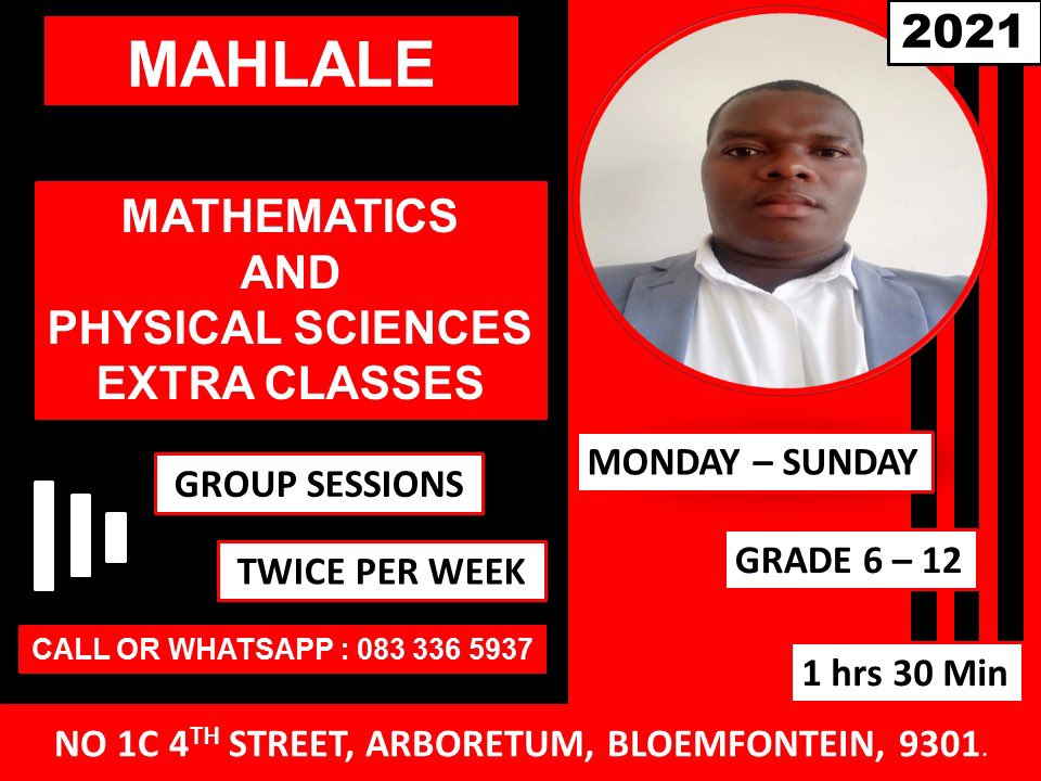 MohaleMakoae's tweet photo. If you are around Bloemfontein and looking for Mathematics and Physical Sciences Extra Classes. Please call or WhatsApp me 0833365937. #NationalShutdown https://t.co/LTdcAQPYPy