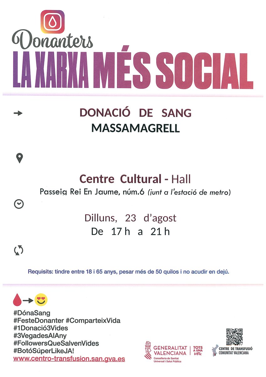 🩸 Donació de sang. Fes-te donanter i comparteix vida!

🗓️ Hui, dilluns 23 d’agost, de 17.00 h a 21.00 h en el hall del Centre Cultural.

💉 Requisits: tindre entre 18 i 65 anys, pesar més de 50 quilos i no acudir en dejú.

<a href="/GVAdonasang/">GVA Dona Sang</a>