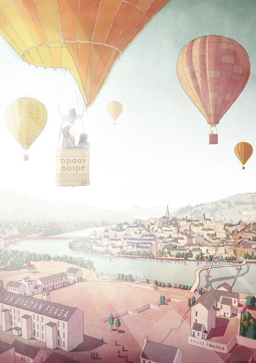 beoigh's tweet photo. Balúin os cionn Dhoire | Balloons over Derry. Available in A3, A4 and A5 sizes. #Doire #Derry #Balúin #Balloons #Colour #RiverFoyle #ThePeaceBridge #Art #Sketch #Colour #Beoigh Ceannaigh anseo: https://t.co/dXa66zEpAo https://t.co/1ZAG0w6aul
