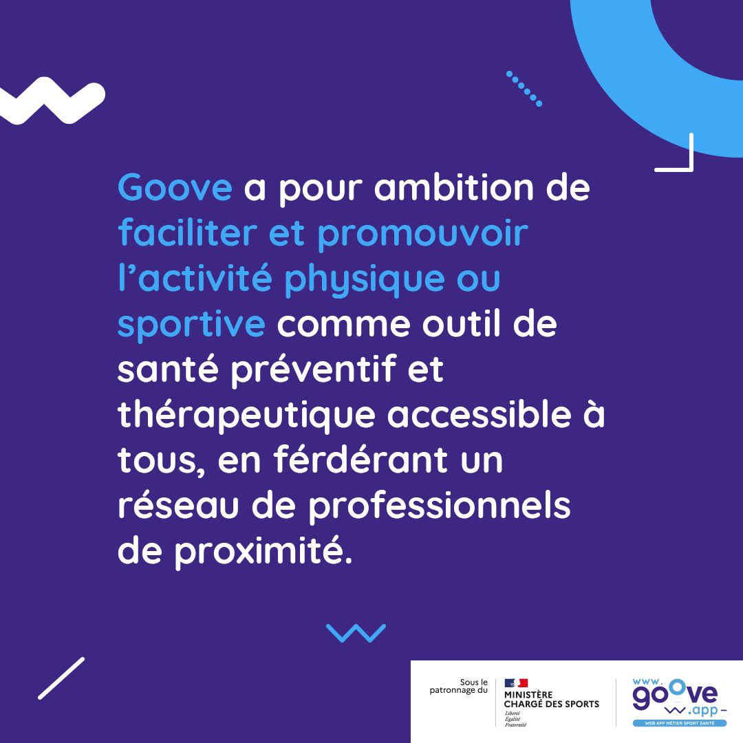 Goovesportsante's tweet photo. Goove a pour ambition de faciliter et promouvoir l'activité physique ou sportive comme outil de santé préventif et thérapeutique accessible à tous, en fédérant un réseau de professionnels de proximité.

👉https://t.co/cNEKCHglIz 

#eapa #activitephysiqueadaptée #sportsanté #Goove https://t.co/trRiWK2tqY