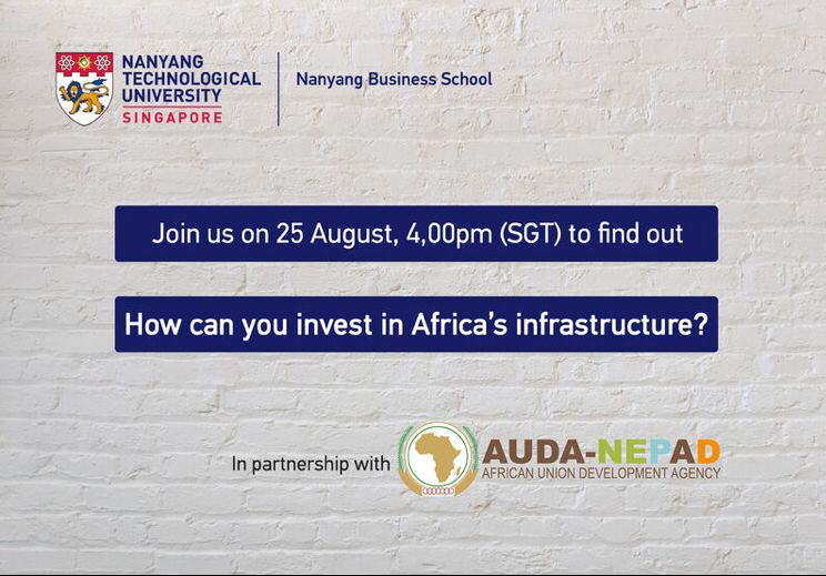 Looking to invest in Africa’s Infrastructure or to learn more about major African Infrastructure projects?  Then join the AUDA-NEPAD &amp; <a href="/NTUsg/">NTU Singapore</a> on the sidelines of the #ASBF2021
🗓️ Date: 25 August 2021
🕙 Time: 10:00 to 11:30 (SAST)
🔗 Registration: bit.ly/3mcs8Sk