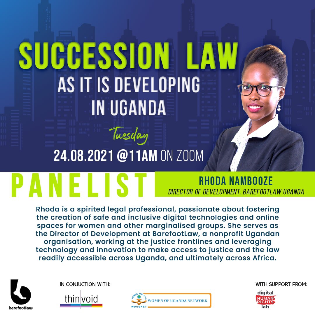 📢 Join us tomorrow as we assess specific sections of the newly amended Succession Act 2021 pertaining to women's rights.

🗓 24th August, 2021

⏰ 11- 12:30pm

📌 Zoom link 
us02web.zoom.us/j/86716861861?…

📌 Passcode: 765902

📌Webinar ID: 867 1686 1861 pic.x.com/t8yBAnsvT7