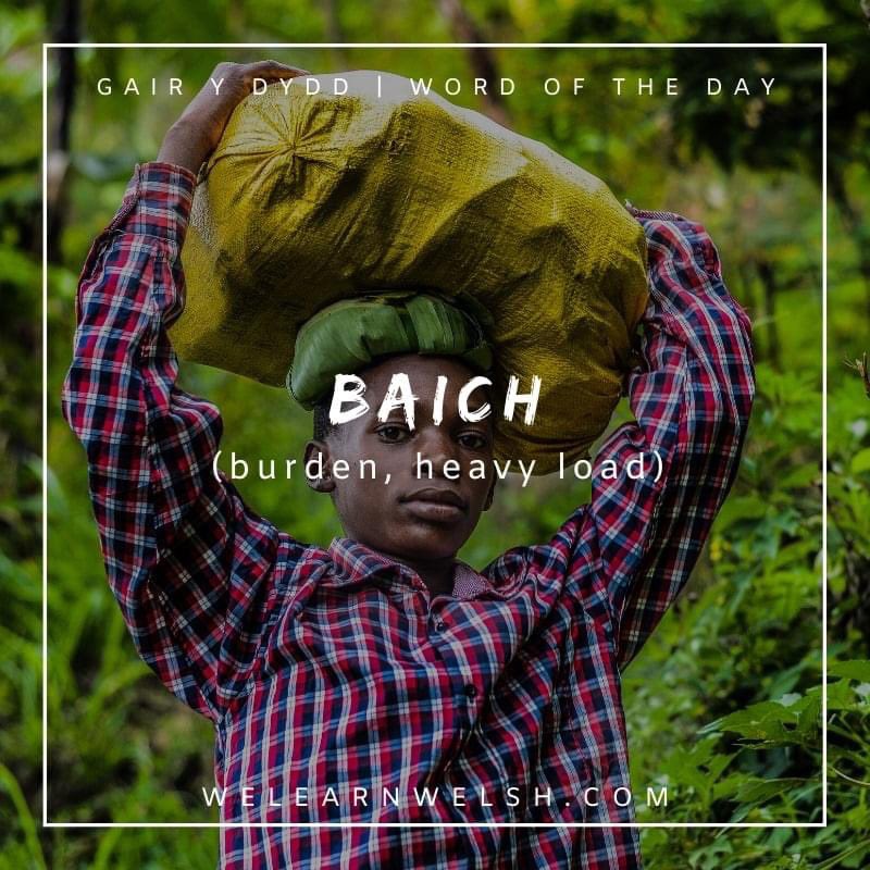 We Learn Welsh (@welearnwelsh) on Twitter photo Gair y dydd / Word of the day: baich (burden)
Dw i ddim eisiau bod yn faich ar bobl eraill. = I don't want to be a burden on other people.
#welsh #cymraeg Gair y dydd / Word of the day: baich (burden)
Dw i ddim eisiau bod yn faich ar bobl eraill. = I don't want to be a burden on other people.
#welsh #cymraeg