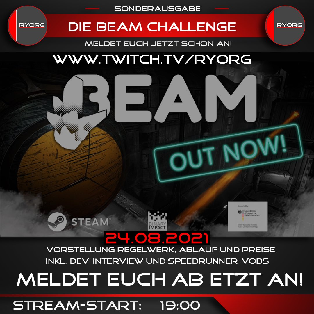 twitch_ryorg's tweet photo. Morgen Abend startet ab 19:00 die #beamgame Challenge!
Anmeldung noch bis zum 29.08. offen ✌🏻
Während des #TwitchDE Livestreams stellen wir mit @BinaryImpactG und @Abseudus das Regelwerk, den Ablauf und die zu gewinnenden Preise vor!
Auch Keys werden verlost! https://t.co/ZNYEkSKqCK