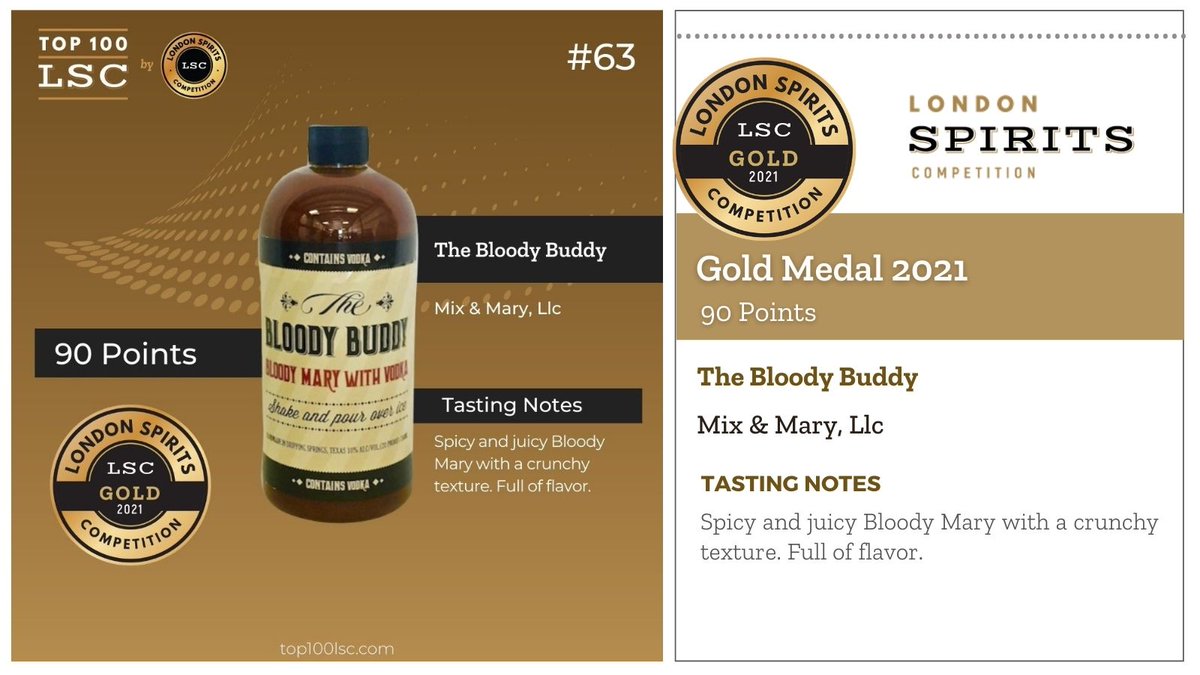 This medal-winning beauty deserves to be a part of your celebrations - The Bloody Buddy (<a href="/TheBloodyBuddy/">The Bloody Buddy</a>) by Mix &amp; Mary, Llc.

It has won the gold medal at the London Spirits Competition (<a href="/londoncomps/">London Competitions</a>)

#LondonSpiritsCompetition #spirits #spiritslover #AwardWinning #distillery ⠀