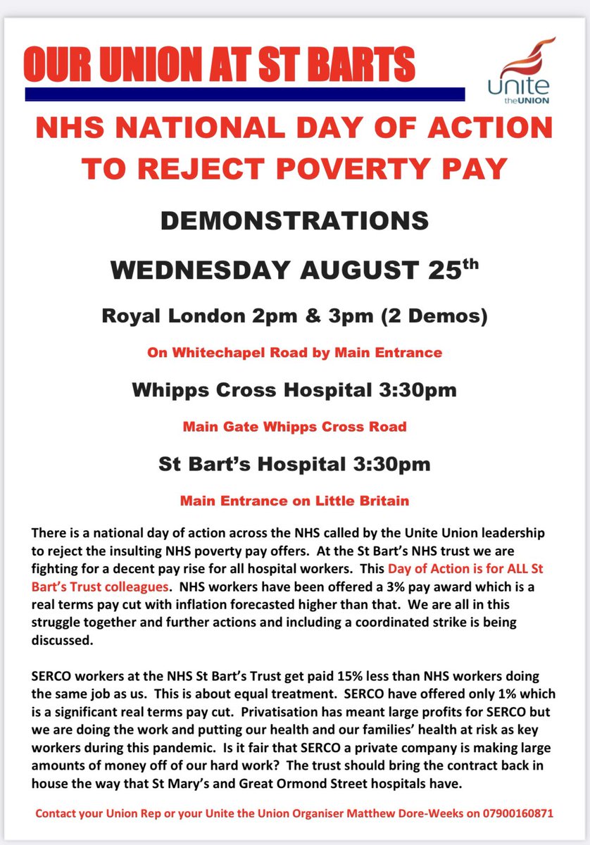 BromleyTUC's tweet photo. #ScrapSerco
 #NoBartsPrivatisation 

2 demands 
1 Bring the contract 4 the ancillary workers back in house 
2 A 15% pay rise 4 ancillary workers (which means equal pay as other NHS Workers doing the same job) 
@GroupSerco
@BartsHealthNHS
@A_WilliamsNHS
@UniteLondonEast https://t.co/KYGp0Hbi6z