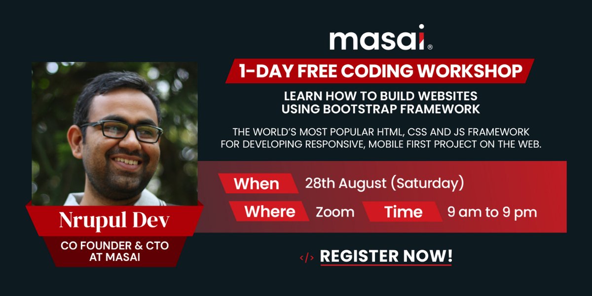 IncubateIND's tweet photo. .@masaischool presents 1 Day Free #Coding #Workshop on How to Build Websites Using Bootstrap Framework with @nrupuld, on 28 Aug, 9AM-9PM.
World's most popular HTML, CSS &amp; JS Framework for developing responsive, mobile first project on the web.
Register Now-https://t.co/jrGzNfslQ5 https://t.co/DKPU45HmOf