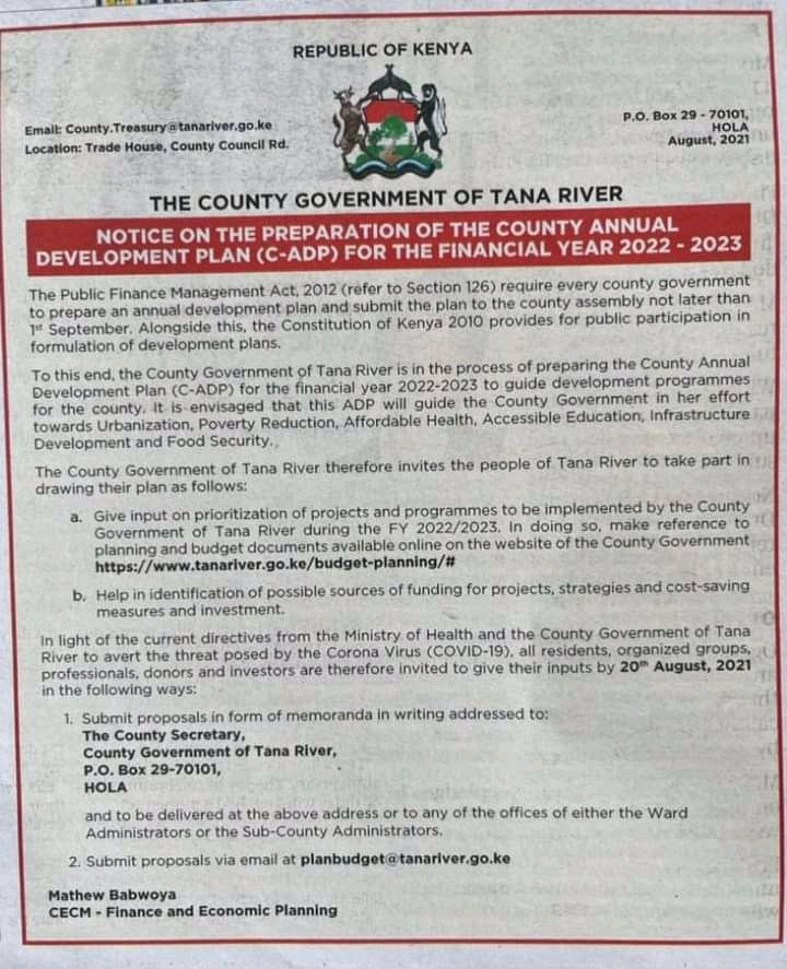 BudgeTalkGlobal's tweet photo. #PFMA section 126(1) requires #countyGovernments to prepare #Annual Development plan #ADP. Preparations for #CADP 2021 are ongoing. Has your county  involved you in the #ADP discussions yet?
#KeBudgetTalk
#FollowTheMoneyKe
#CoastBudgetHub
#CADP2021
#OpenBudgets https://t.co/bZJ5HqO9vP
