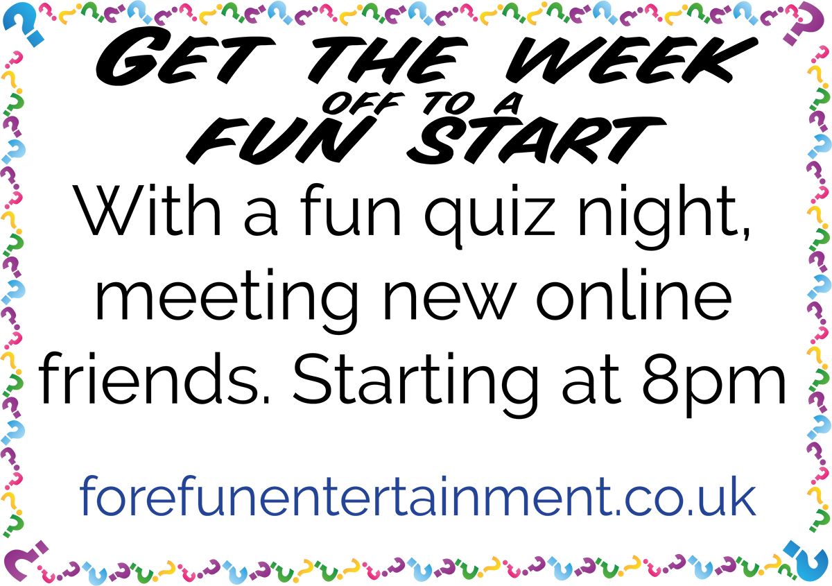 ForeQuizzes's tweet image. Getting the week off to a good start.
Come along to an online Fun Family Friendly quiz.
Lots of laughs and giggles, meet new friends.
buff.ly/3j7Qo6g
#forefunfamilyfriendlyquiz #foreyouforemeforeeveryone #forefun