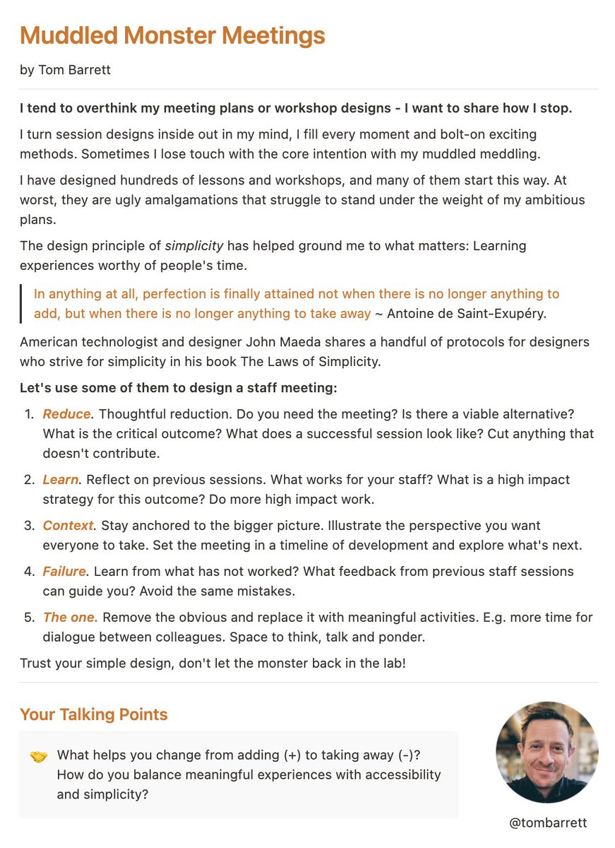tombarrett's tweet photo. Turn your lumbering Frankenstein's monster of a meeting into a fleet-footed expression of simple intent.

[As a bonus, stop overthinking and your planning rumination before a big meeting or workshop.]

⚡️ ↓ https://t.co/1g1vSboL1p
