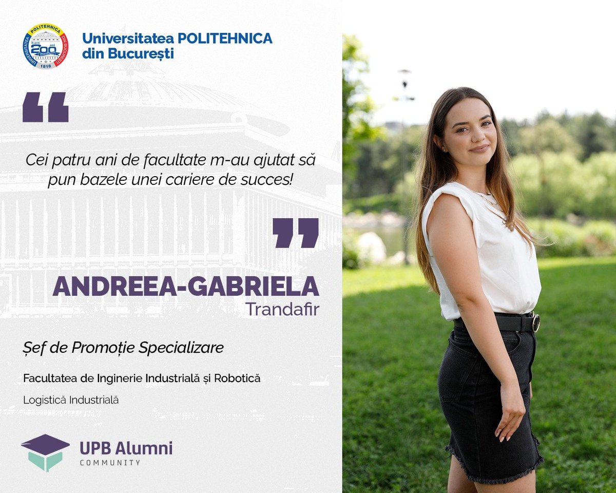 upb1818's tweet photo. #AlumniUPB2021 🎓
👩🏻🎓 Trandafir Andreea-Gabriela - Șef de Promoție Specializare - Facultatea de Inginerie Industrială și Robotică - Logistică Industrială
#UPBAlumniCommunity #Promoția2021 #PromoțiaVirgiliuNConstantinescu #UPB #AbsolventUPB #FIIR https://t.co/crPpqWqx4r