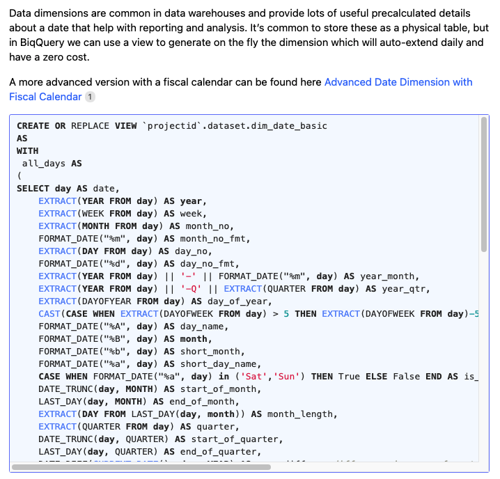 SqlSnippets's tweet image. Handling dates in #BigQuery? You'll want to see this pair of snippets from user stretch for creating views packed with useful date dimensions:
sql-snippets.count.co/t/basic-date-d…
sql-snippets.count.co/t/advanced-dat…