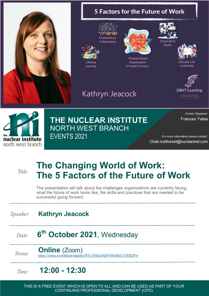 We have an exciting lunchtime webinar ‘The Changing World of Work: The 5 Factors of the Future of Work.’
Kathryn Jeacock will guide us through her research on what the future workplace/ workers and leaders will look like and the 5 factors that will help with success #FutureofWork