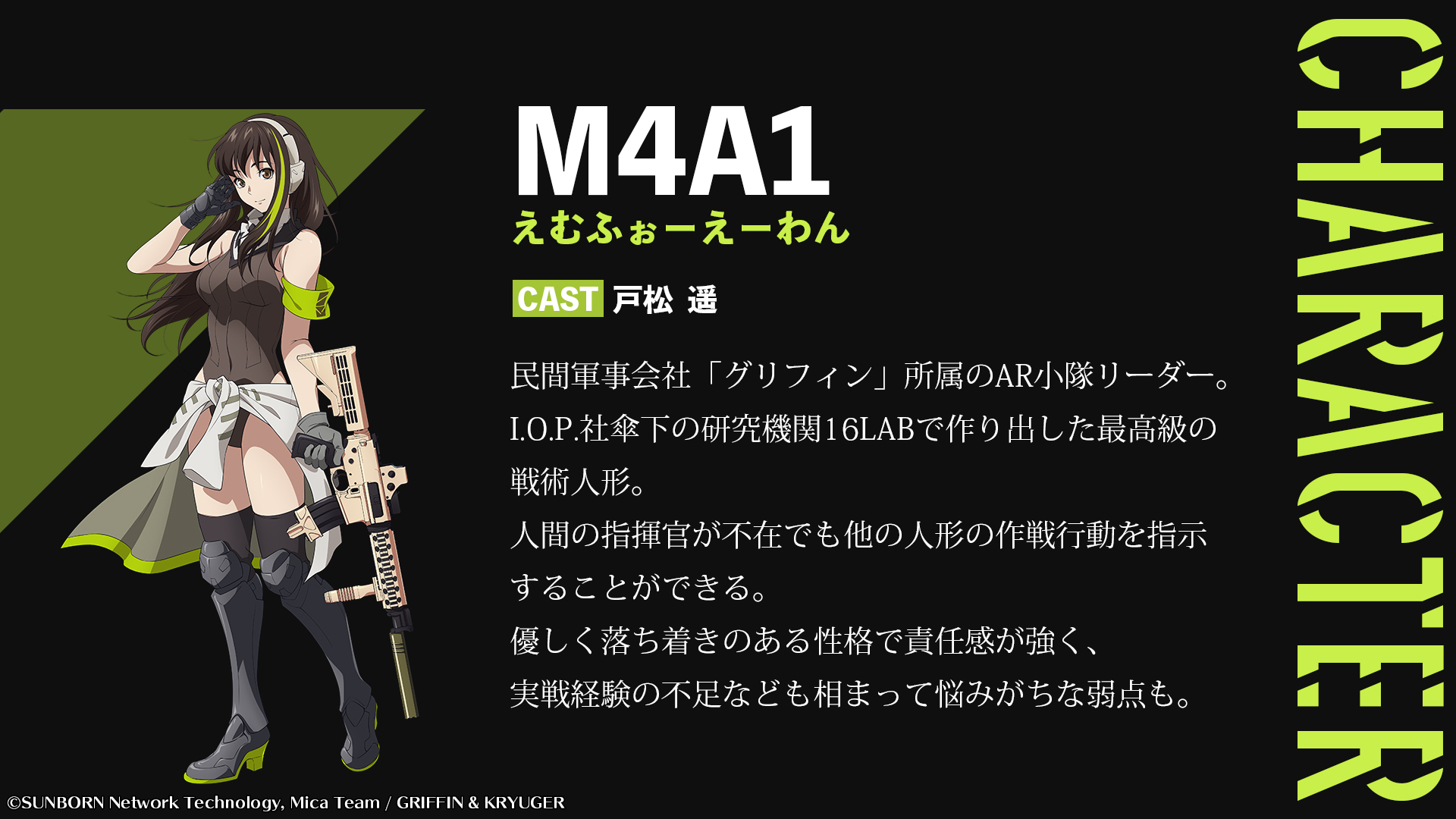 ドールズフロントライン Tvアニメ公式 キャラクター紹介 M4a1 Cv 戸松遥 Ar小隊のリーダーで 16labが作り出した最高級の戦術人形 優しく落ち着きのある性格 公式サイトでは 戸松遥 さんのコメントも T Co