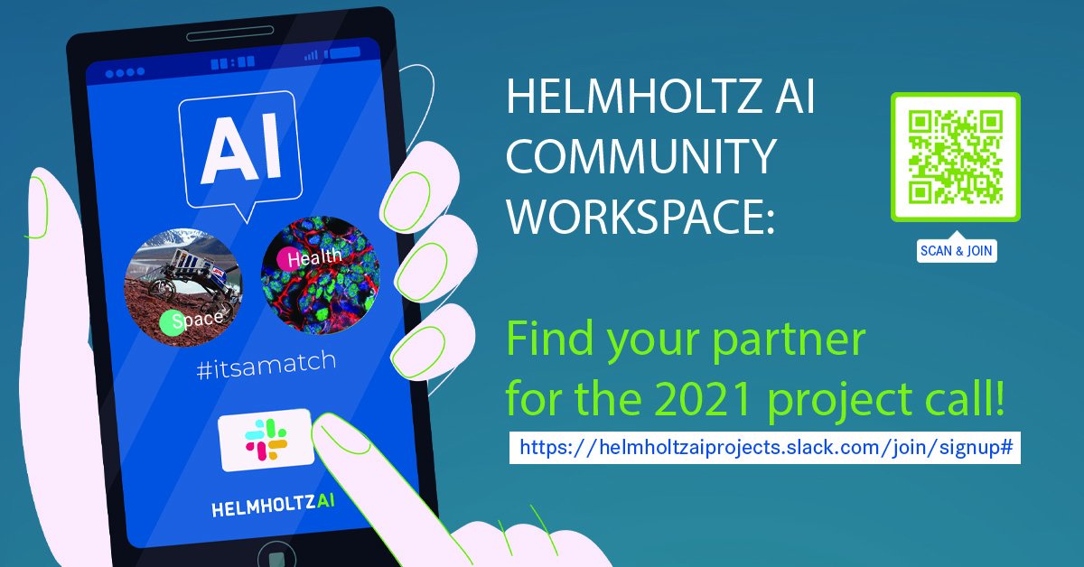 helmholtz_ai's tweet photo. Find your perfect match for the 2021 #HelmholtzAIprojects call!💙💚
Join our #HelmholtzAI community workspace📲 and start collaborating with our amazing @Helmholtz_en researchers.
➡️https://t.co/VIZEXDH4yC https://t.co/w5U8IqIjPx