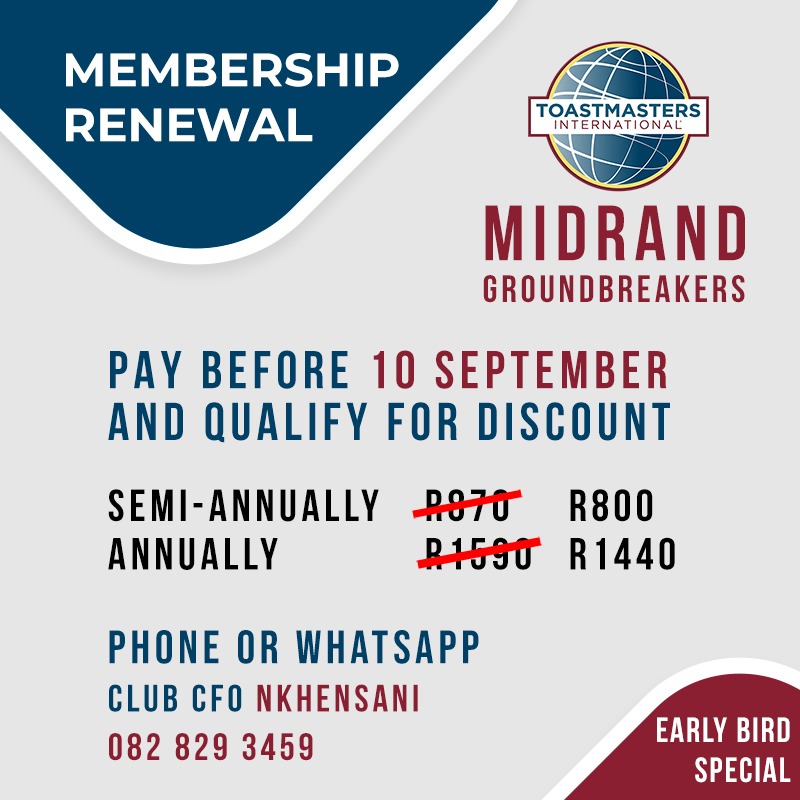 Hey Groundbreakers. It's time to renew our dues again, pay before the 10th of September and qualify for a discount.
