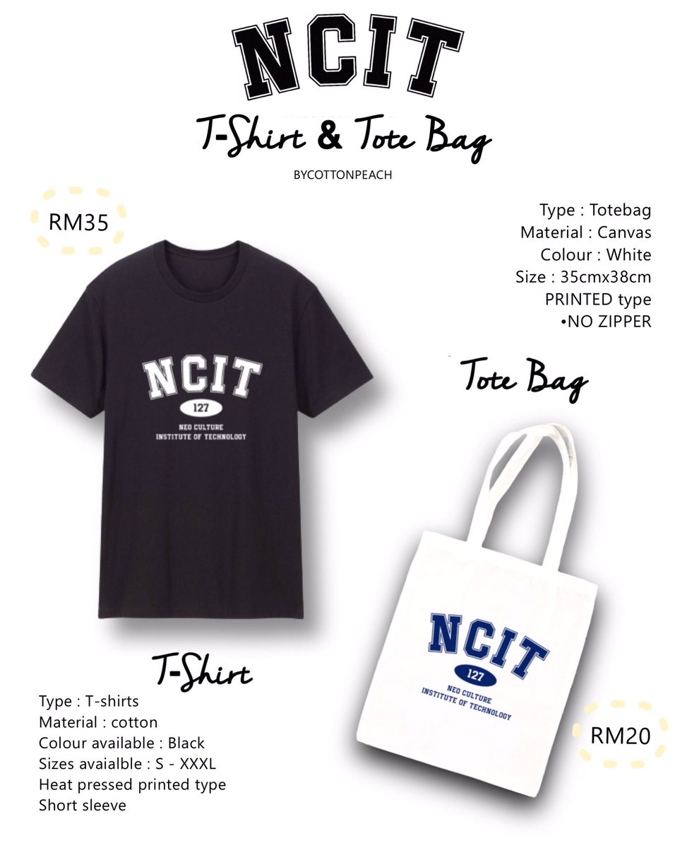 bycottonpeach's tweet photo. NCIT HOODIE,T-SHIRT &amp; TOTE BAG 
-Not official-

•Hoodie RM49(M-5XL)
•T-shirt RM35(S-3XL)
•Tote Bag RM20
•Printed design 
•ETA 5-6 weeks
•Deadline 7.9.2021
•DM if you have any question😊

More details/Form to order🔽 
https://t.co/fsvj3HoIj8 

#pasarNCT https://t.co/aJTaCCEFnP