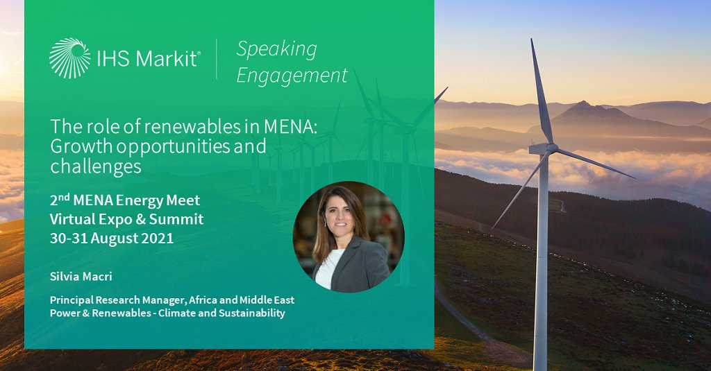Nearly 400 GW of #renewables will be added in Middle East &amp; N. Africa over the next 30 years, up from 15 GW installed today. At <a href="/MENAEnergyMeet/">MENA Energy Meet</a>, Silvia Macri, #IHSMarkit principal research manager, will explain where the challenges &amp; opportunities lie: ihsmark.it/ldgS50FPw3k