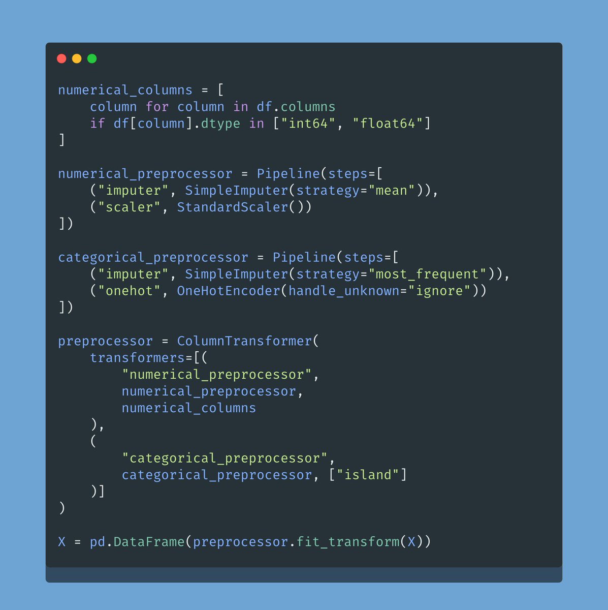 svpino's tweet image. A simple way to improve your data transformation process: use a pipeline. 

Pipelines are bundled steps that get applied to your data.

Three main advantages:

• Cleaner code
• More robust
• Easier to deploy in production

Look at the attached code.