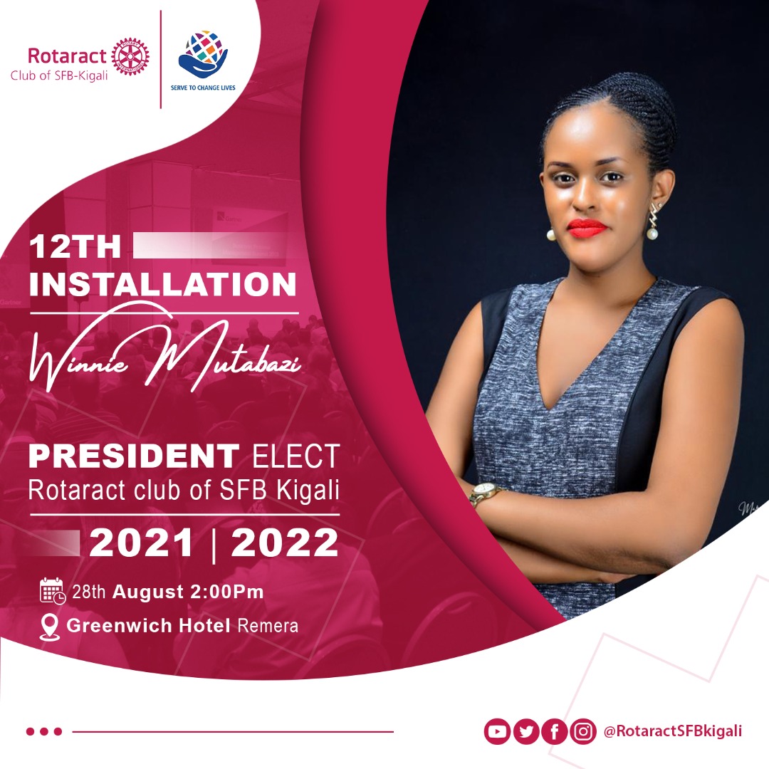 RotaractSFBKgL's tweet photo. ALERT🚨

It is only 5 days to our 12th installation. Are you even ready??
Come join us this Saturday August 28th, 2021 as PE Winnie Mutabazi takes over the club's leadership from IPP Mariam Murungi.

 #RCSFBInstallation #ServeToChangeLives https://t.co/7wLTLbKOCg