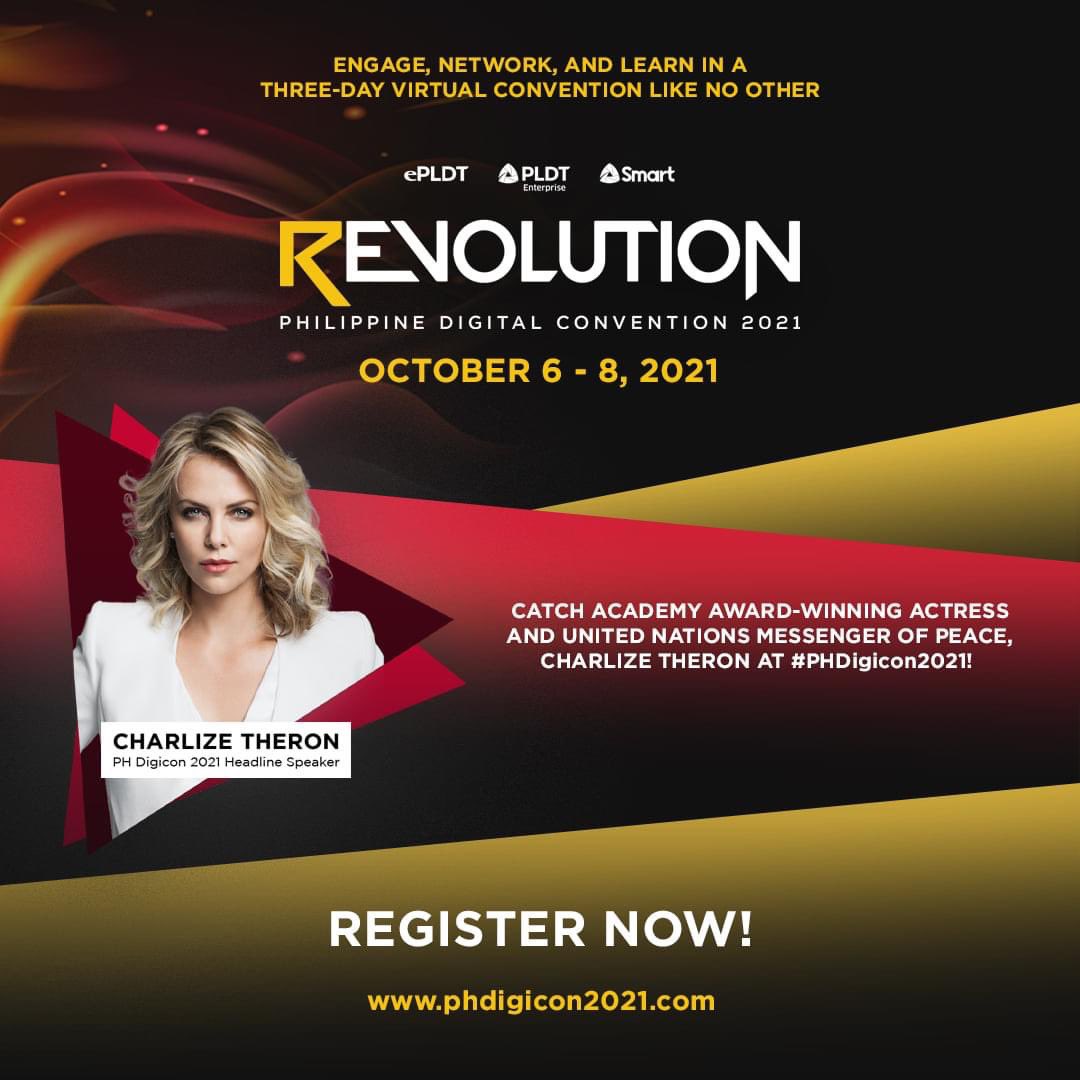 PeterDelantar's tweet photo. Catch Academy Award-winning actress and United Nations Messenger of Peace Charlize Theron (@CharlizeAfrica) as she joins as a headline speaker of REVOLUTION: Philippine Digital Convention 2021. Register today and know more about #PHDigicon2021: https://t.co/oYbLg5cSfB https://t.co/8lGtNrZWtt